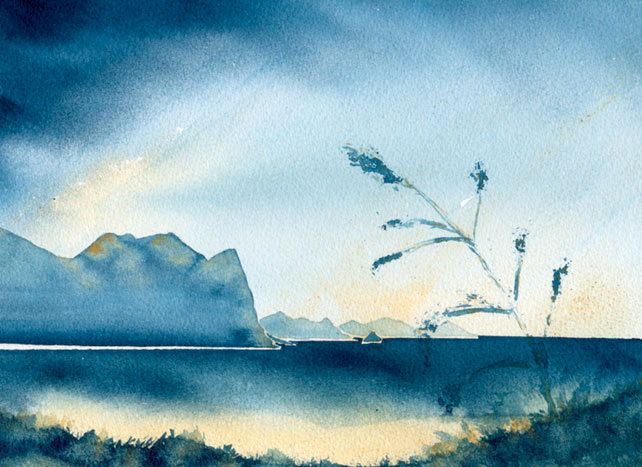 Akvarel visende udsigt over vand holdt i blålige toner